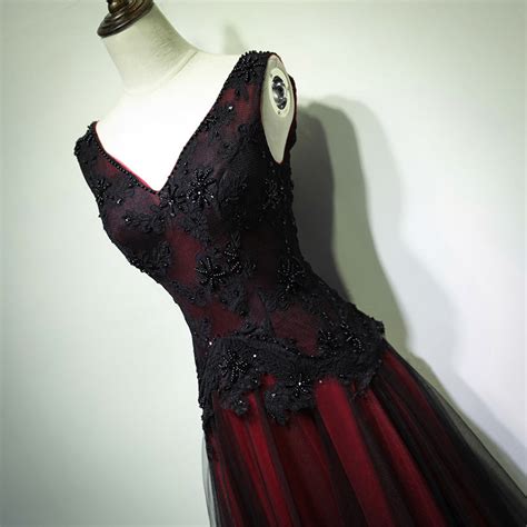Gorgeous Black And Red V Neckline Tulle Beaded Prom Dress Long Evenin Cutedressy