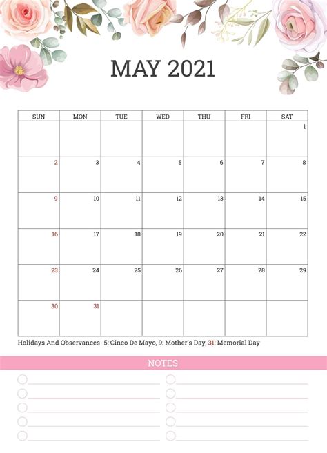 May 2021 Floral Calendar Printable Calendar Portrait Printable Wall