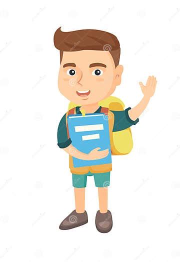 Schoolboy Holding A Book And Waving His Hand Stock Vector