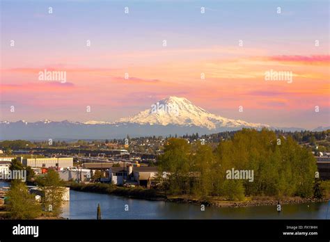 Mount Rainier From Tacoma Marina In Washington State At Sunset Stock