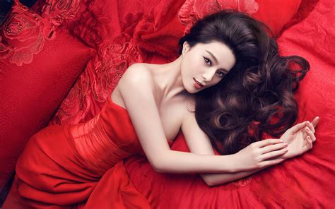fan bingbing women asian brunette long hair in bed lying down actress celebrity bare