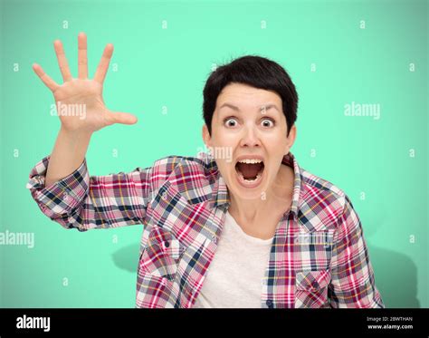 Angry Woman Isolated On Neo Mint Background Beautiful Furious Short