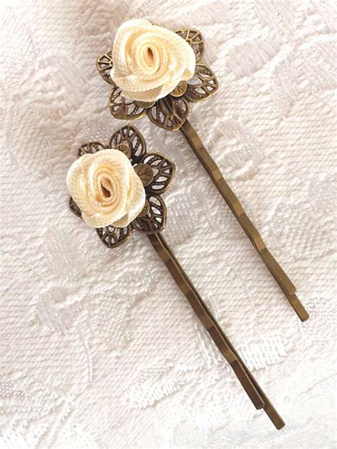 Pair Vintage Style Antique Brass Filigree Cream Ribbon Flower Etsy