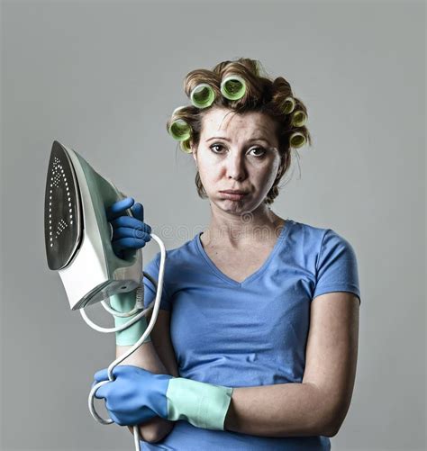Stressed Housewife Or Maid Domestic Service Woman Holding Upset Iron Strangling Neck With Cable