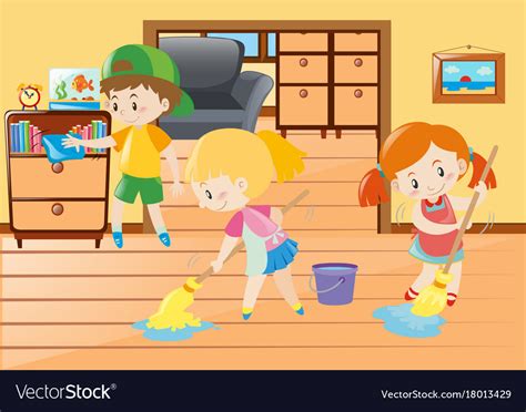 Three Kids Cleaning In The House Royalty Free Vector Image