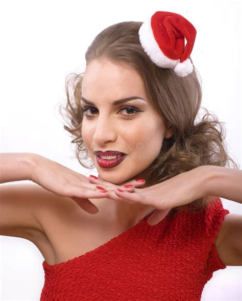 Pretty Woman In Santas Red Hat Isolated Stock Image Image Of