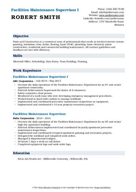 See a marketable supervisor resume sample. Facilities Maintenance Supervisor Resume Samples | QwikResume