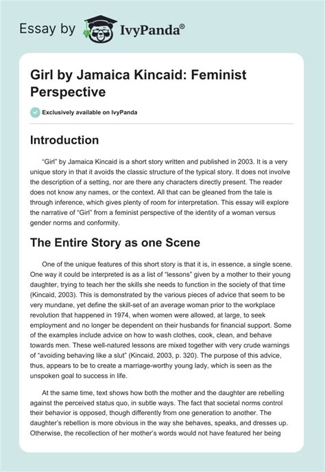 Girl By Jamaica Kincaid Feminist Perspective 618 Words Essay Example