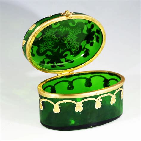 Bohemian Moser Green Enameled Art Glass Trinket Box Hinged Casket The Box Emporium Ruby Lane