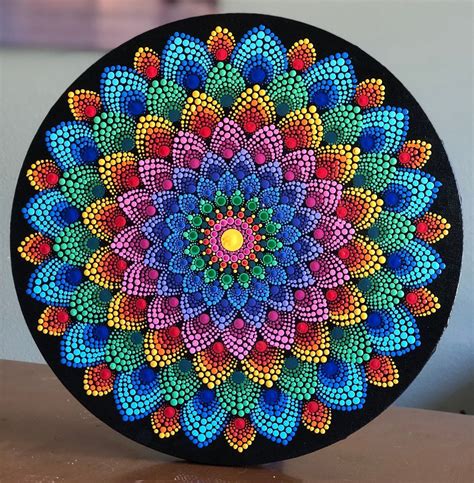Color Burst Dot Mandala On 12 Round Stretched Canvas Etsy Mandala