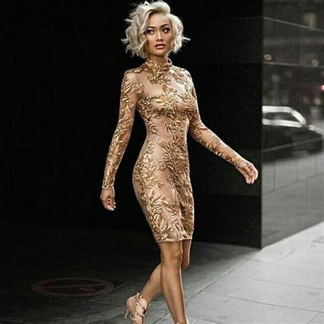 A bodycon dress will fit you like second skin, highlighting your assets like none other. Sequined Lace Gold Turtleneck Long Sleeve Bodycon Dress ...
