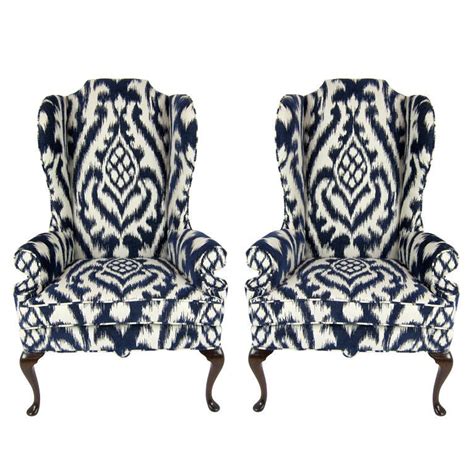 Sign up for free to check the price. Pair of High Back Wing Chairs upholstered in Woven Ikat at ...