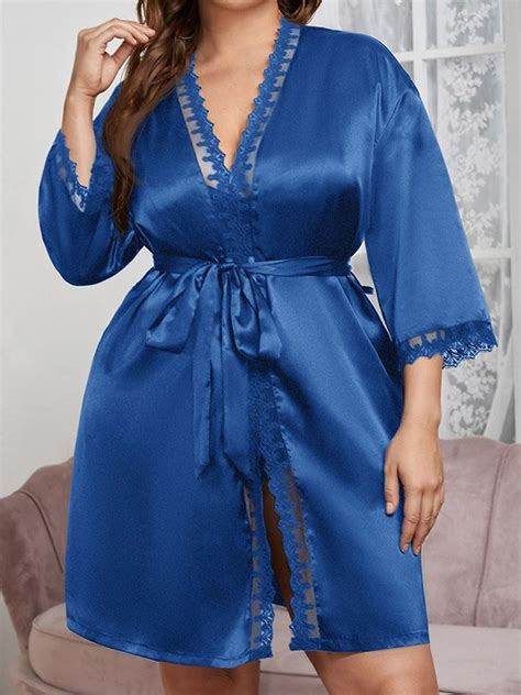 Plus Size Silk Like Satin With Lace Pajamasandrobes Hebeos