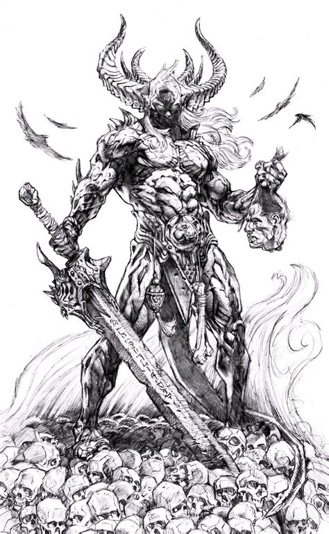A Drawing Of A Demon Holding Two Swords In Front Of Skulls And Bones On