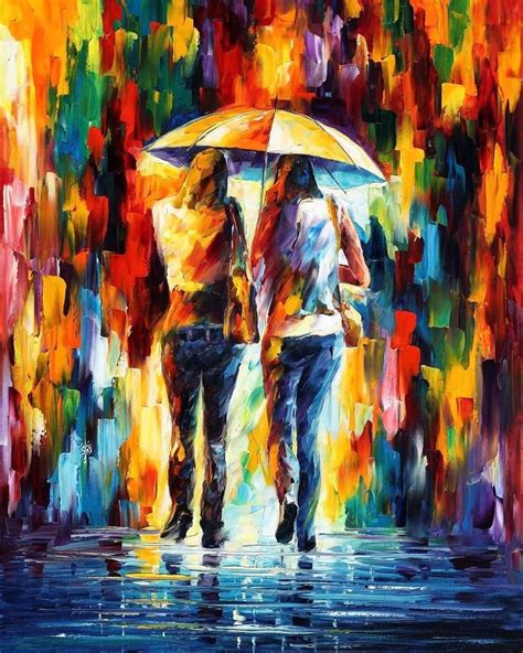 Friends Under The Rain — Palette Knife Oil Painting On Canvas By Leonid Afremov Size 24 X30