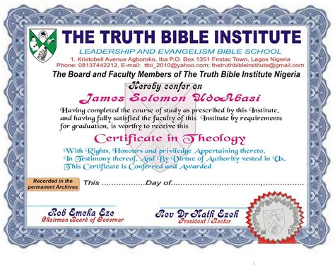The Truth Bible Institute Certificate