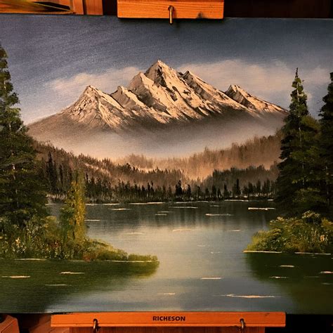 Bob Ross Style Mountain Scene Oil Painting With Lake And Trees 18 X 24