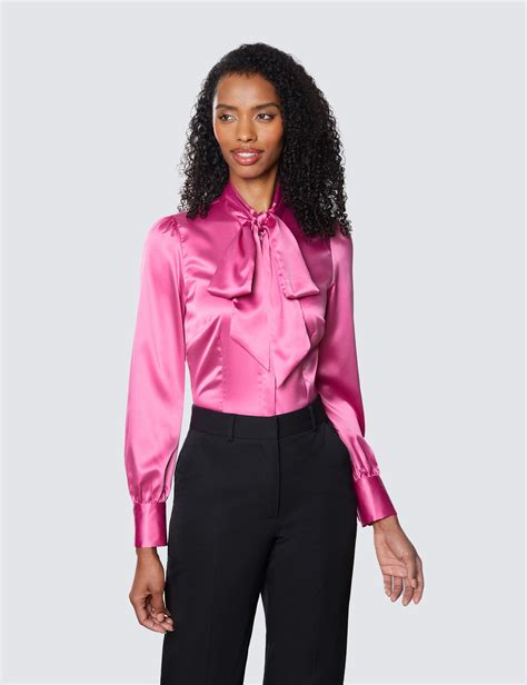Womens Peony Fitted Luxury Satin Blouse Pussy Bow Hawes And Curtis