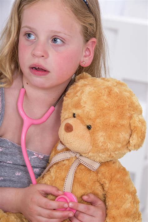 Girl Using Stethoscope With Teddy Bear Photograph By Lea Paterson Science Photo Library Fine