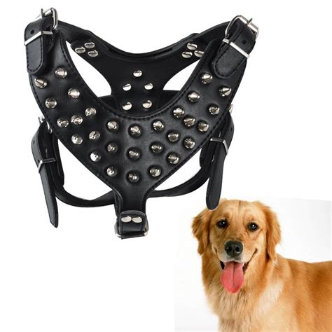 Leather Dog Pet Pitbull Black Spikes Studded Harness Collar For Large