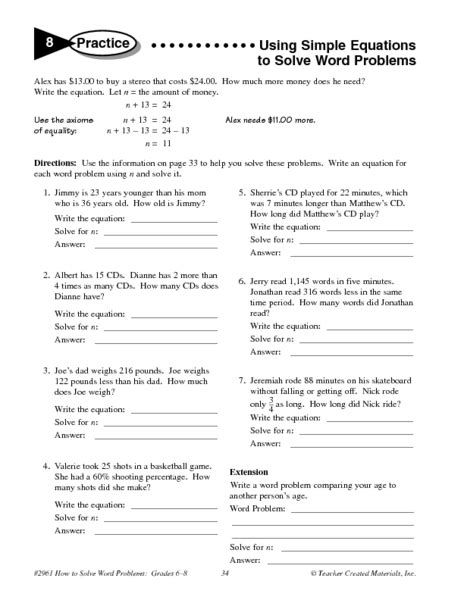 Using Simple Equations To Solve Word Problems Worksheet For 5th 6th