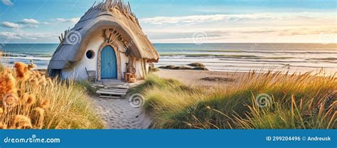 Small Cabin In Boho Hippie Style On Sandy Beach At Sunset Stock