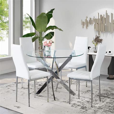 Buy Goldfan Dining Table And Chairs Set 4 Modern Glass Round Dining Kitchen Table And Faux Pu