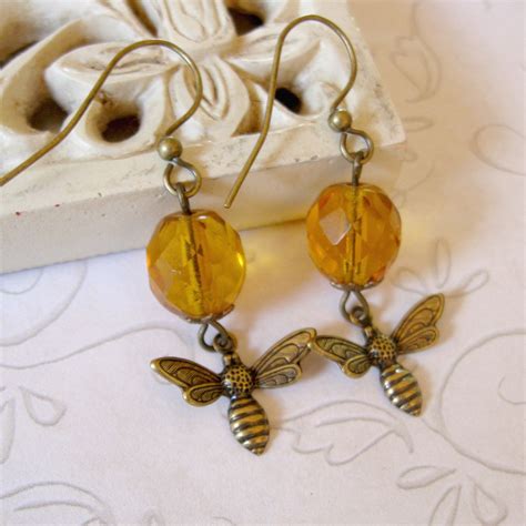 Honey Bee Earrings Amber Beads Faceted Glass Dangles Drop Earrings