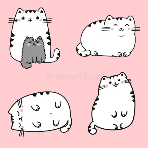 Kawaii Cute Fat White Cat Isolated On A Pink Background Vector Anime