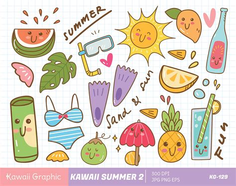 Cute Summer Clipart Kawaii Clipart Cute Vector Doodle Etsy Kawaii