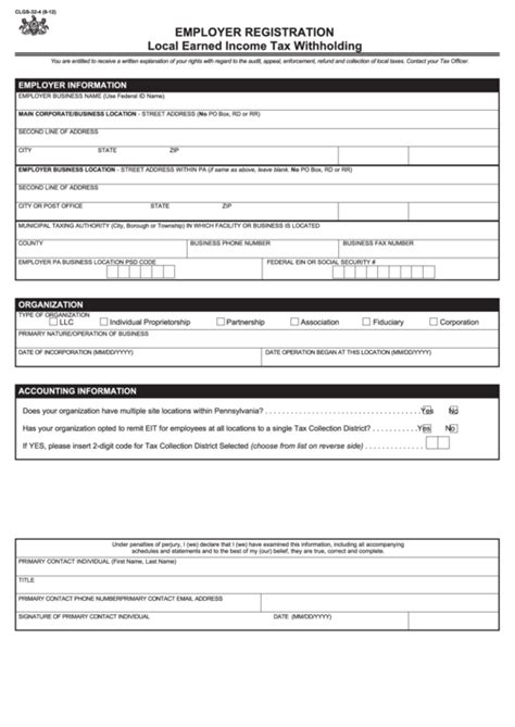Fillable Form Clgs 32 4 Employer Registration Local Earned Income