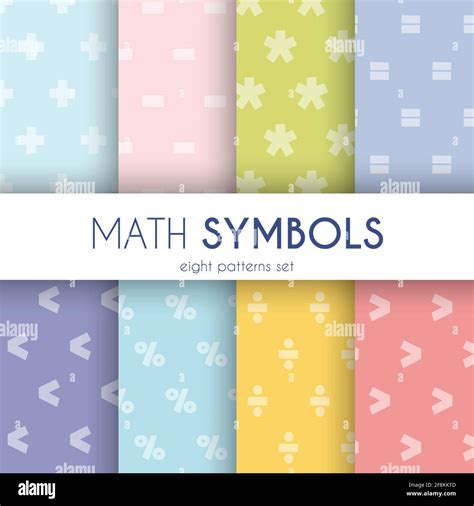 Colourful Math Symbols Eight Patterns Set Vector Illustration Stock