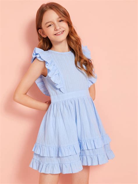 Girls Solid Zip Back Ruffle Trim Dress Modelli Di Vestiti Per Bambini