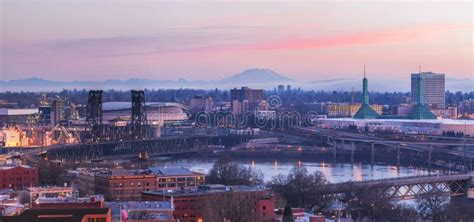 Portland Oregon Cityscape At Sunrise Panorama Stock Image Image Of