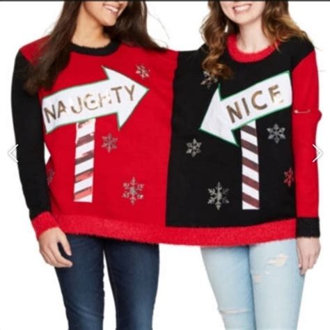 New Naughty And Nice Two Person Ugly Christmas Sweater Large Xlarge Red Black