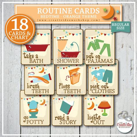 Bedtime Routine Cards For Children 18 Printable Orange Cards Etsy