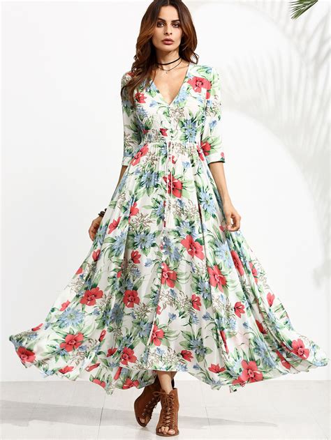 Shop Floral Print Half Sleeve Drawstring Button Front Dress Online