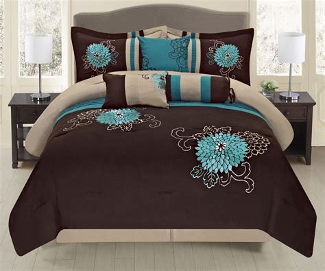 Golden Linens Queen Size Brown Turquoise Western Style 7 Pcs Embroidery