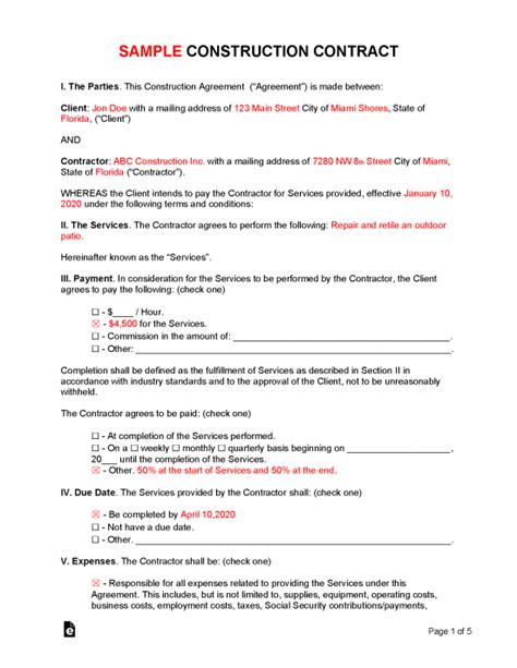 Free Construction Contract Template Sample Pdf Word Eforms