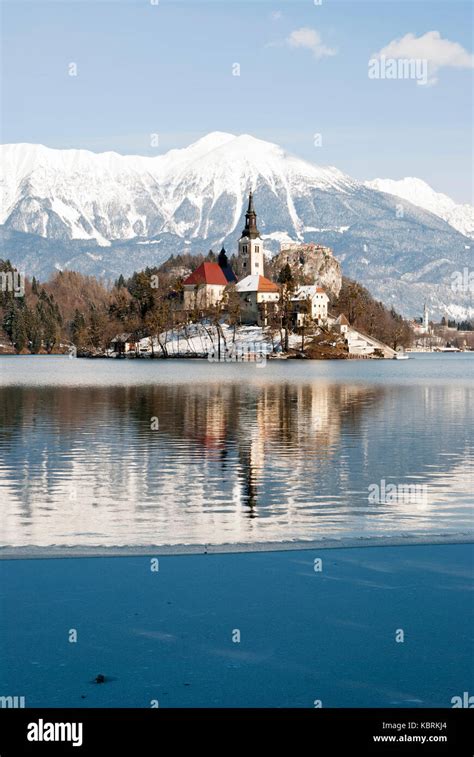 Lake Bled With Castle Behind In Winter Bled Slovenia Stock Photo Alamy
