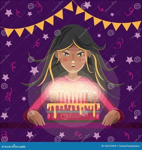 Happy Birthday Greeting Card Cartoon Girl With Long Hair Blows Out The Candles On The Cake