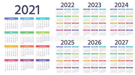 Calendar 2021 2022 2023 2024 2025 2026 2027 Years Vector