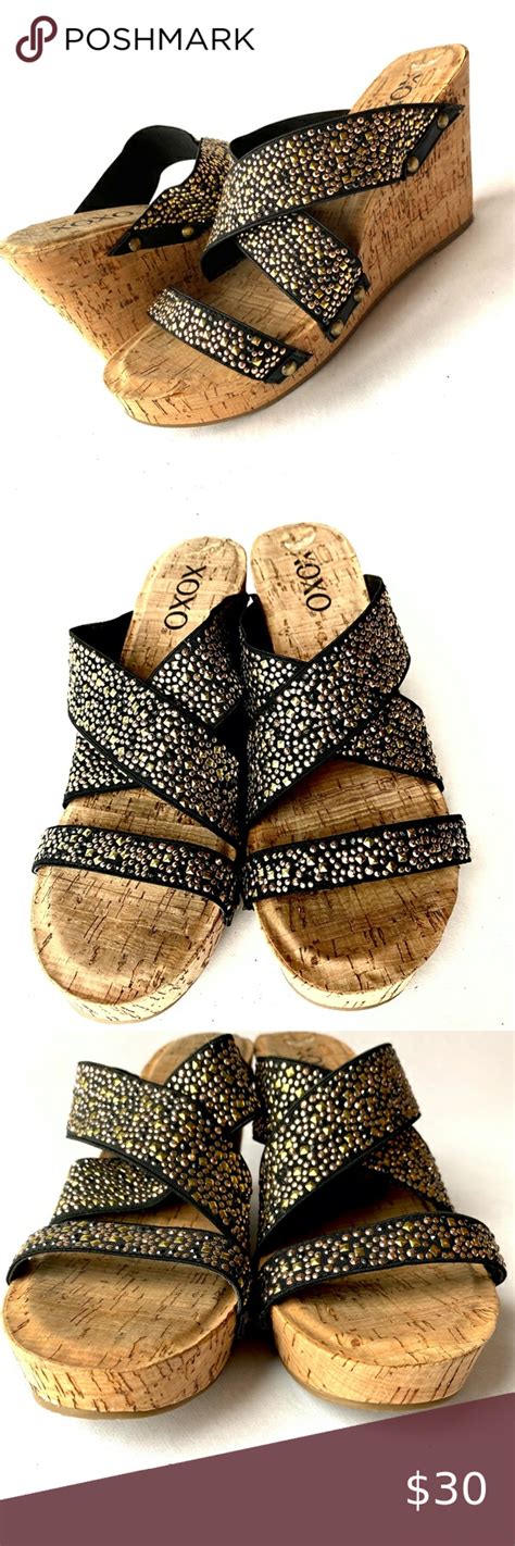 Xoxo Cork Wedge Sandals Studs Embellished Slides Cork Wedges Sandals