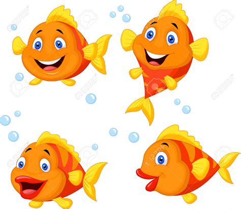 Cartoon Goldfish With Different Expressions And Bubbles In The Water