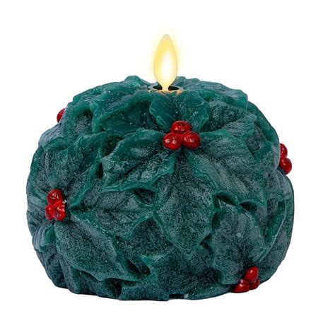 Luminara Flameless Candle Hunter Green Holly Sphere Unscented Real Wax