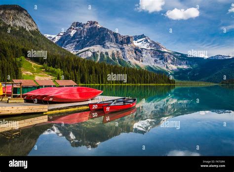 Red Canoes On The Dock At Emerald Lake Yoho National Park British