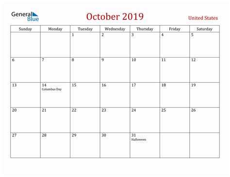 October 2019 United States Monthly Calendar With Holidays