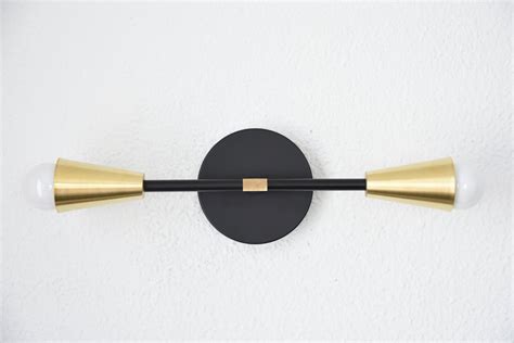 Matte Black And Brass Gold 2 Light Wall Sconce Conical Covers
