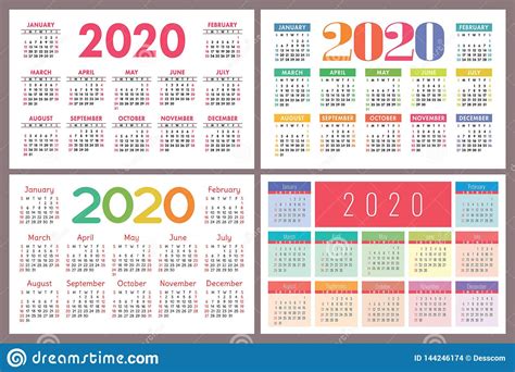 Calendar 2020 Vector Pocket Grid Simple Design Template Calender Set