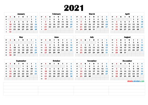Free 2021 Yearly Calender Template Free Printable